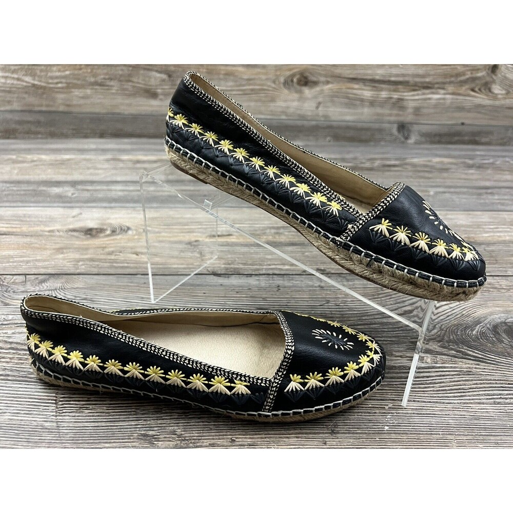 House‎ of Harlow 1960 Shoes Leather Embroidered Espadrille Black Floral US 7.5